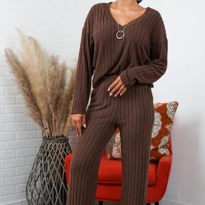 Alice Ribbed Knit Sweater V Neck Loungewear Two Piece Set - Brown